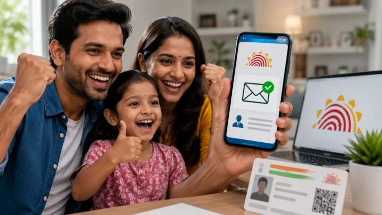 Happy family using a smartphone to update Aadhaar email address online through the UIDAI mobile app from July 1, 2026