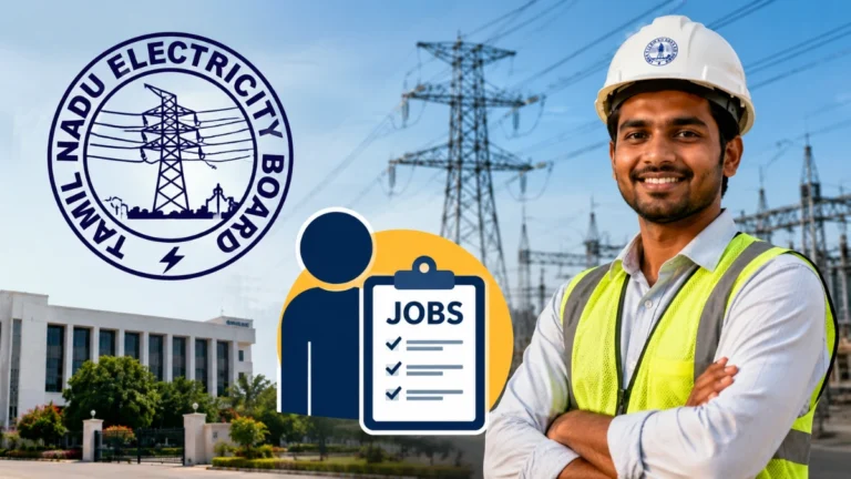 தமிழ்நாடு மின்சாரத் துறையில் 15,000 பணியிடங்கள் நிரப்பப்பட உள்ளதாக அறிவிப்பு – மின் நிலைய பின்னணியில் பாதுகாப்பு உபகரணங்களுடன் நிற்கும் பணியாளர்