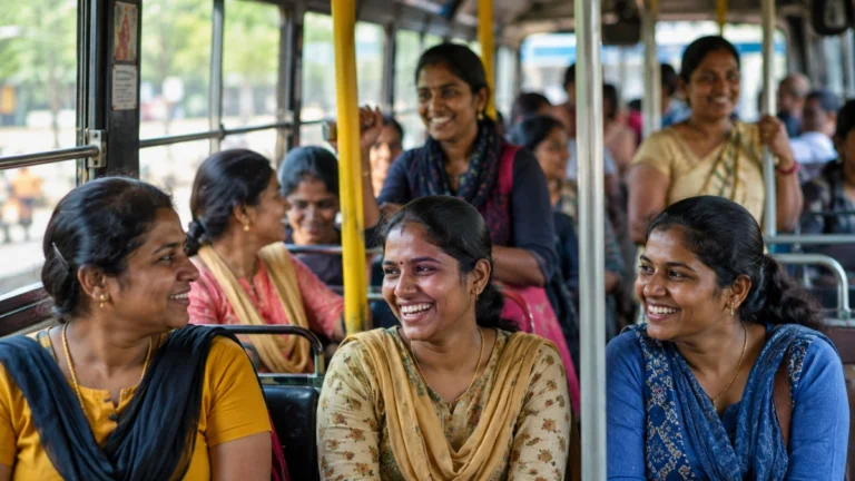 வெற்றி பயண திட்டம் 2026: தமிழக அரசு பேருந்தில் மகிழ்ச்சியுடன் பயணம் செய்யும் பெண்கள்