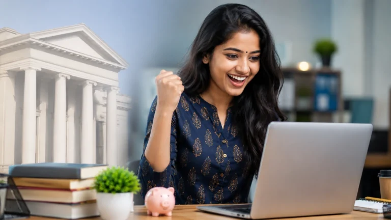 Smiling young Tamil woman celebrating after seeing IBPS Specialist Officer Recruitment 2026 notification on her laptop with a bank building in the background.