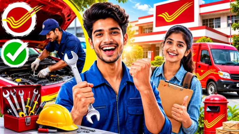 India Post Skilled Artisan Recruitment 2026 candidate working as a motor vehicle mechanic in a Mail Motor Service workshop at Bengaluru