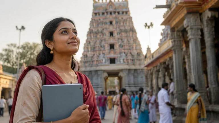 தமிழ்நாடு இந்து சமய அறநிலையத்துறை அறங்காவலர் நியமனம் 2026 தொடர்பான கோயில் முன்பு நிற்கும் தென்னிந்திய பெண்