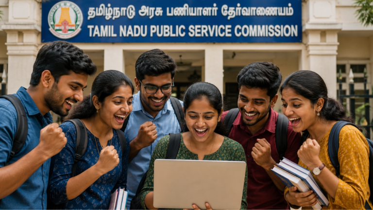 Candidates reacting with excitement after the TNPSC Combined Technical Services Recruitment 2026 notification announcing 839 government job vacancies for Diploma and ITI holders.