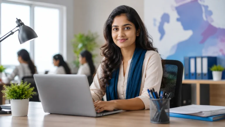Young Tamil woman working in a modern government office representing Tamil Nadu Women Employment and Safety Project (TNWESP) Recruitment 2026.