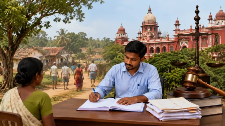 Tamil Nadu Village Assistant recruitment 2026 concept showing a village administrative officer with rural residents and a High Court background representing the latest eligibility rule.