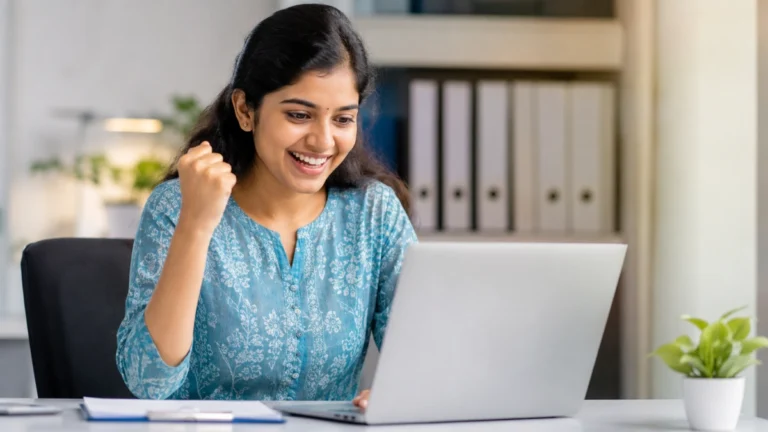 Young Tamil woman reacting happily after seeing PDIL Recruitment 2026 notification for Graduate Engineer and Diploma Engineer jobs with salary up to ₹71,000.